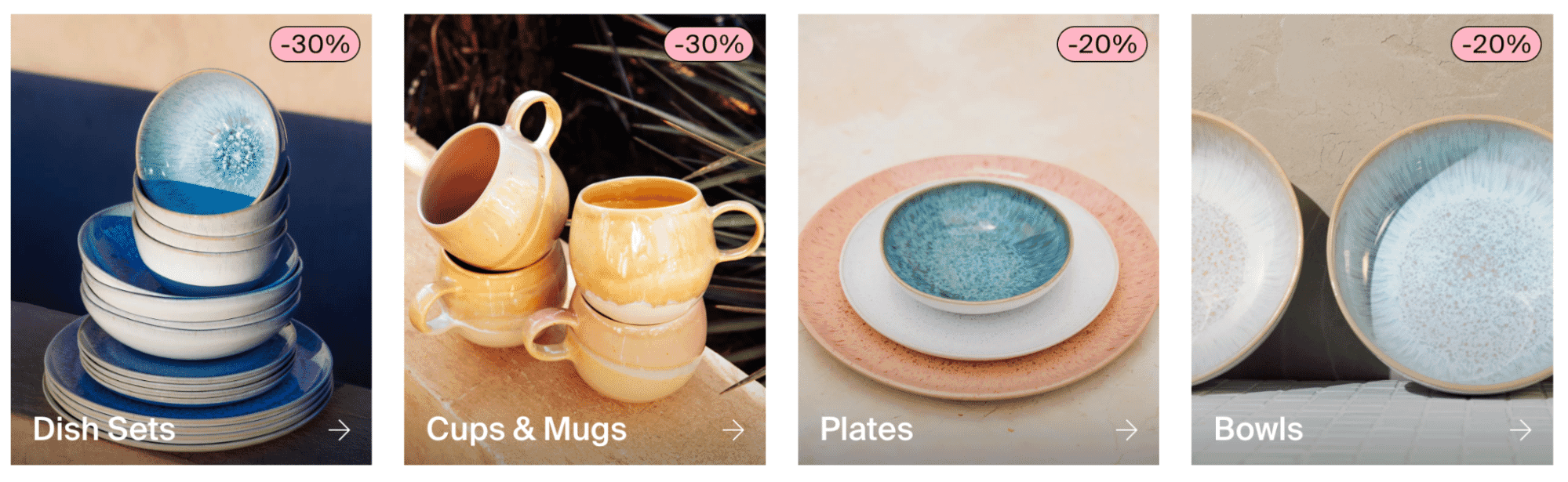 Colorful handmade ceramic dish sets, mugs, plates, and bowls with textured glazes on sale with 20–30% discount tags displayed.