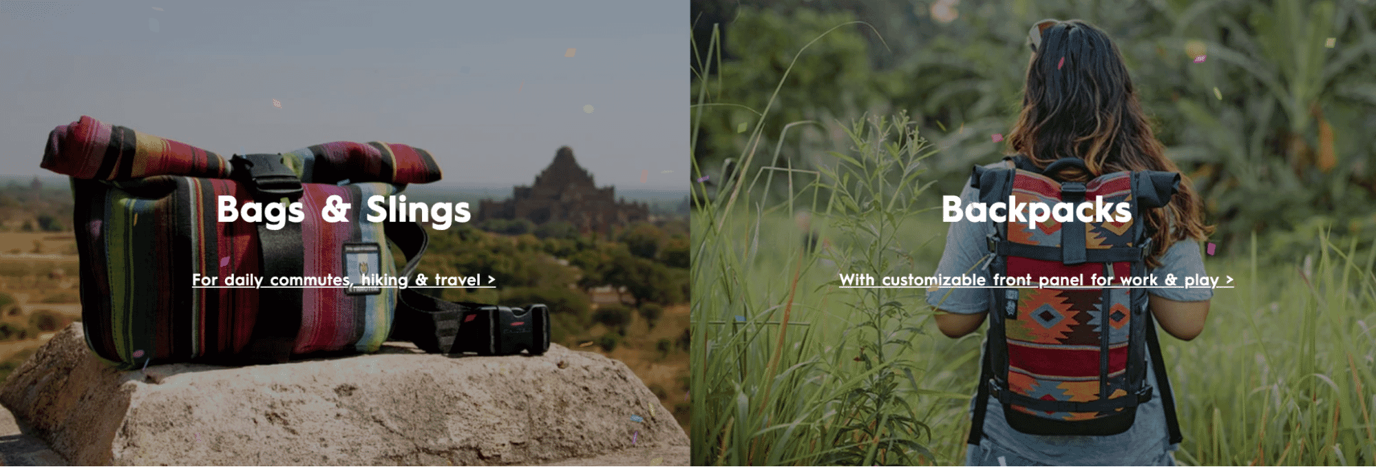 Side-by-side view of a colorful roll-top sling bag on a rock and a woman wearing a patterned backpack in a field, showcasing options for daily commutes, hiking, and customizable travel gear.