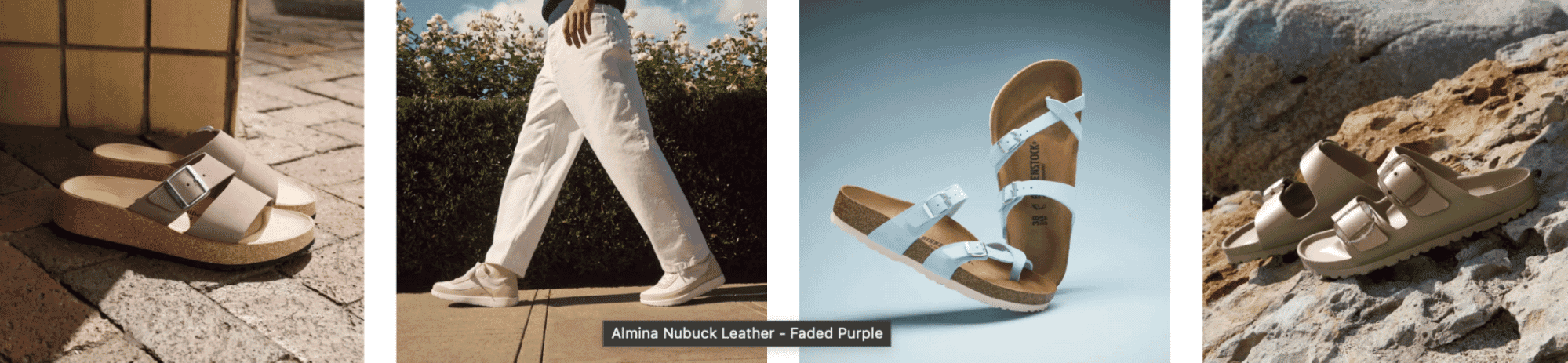 Birkenstock summer footwear including slip-on sandals and sneakers in various colors and materials, shown in outdoor lifestyle and studio settings.