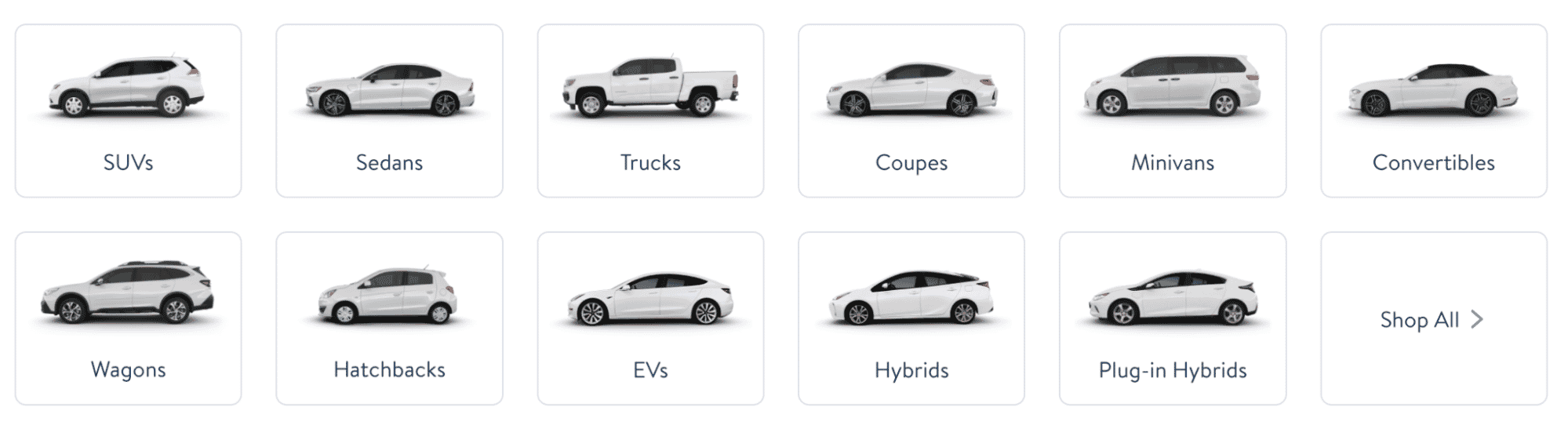 Grid display of different vehicle types including SUVs, sedans, trucks, coupes, minivans, convertibles, wagons, hatchbacks, EVs, hybrids, and plug-in hybrids.