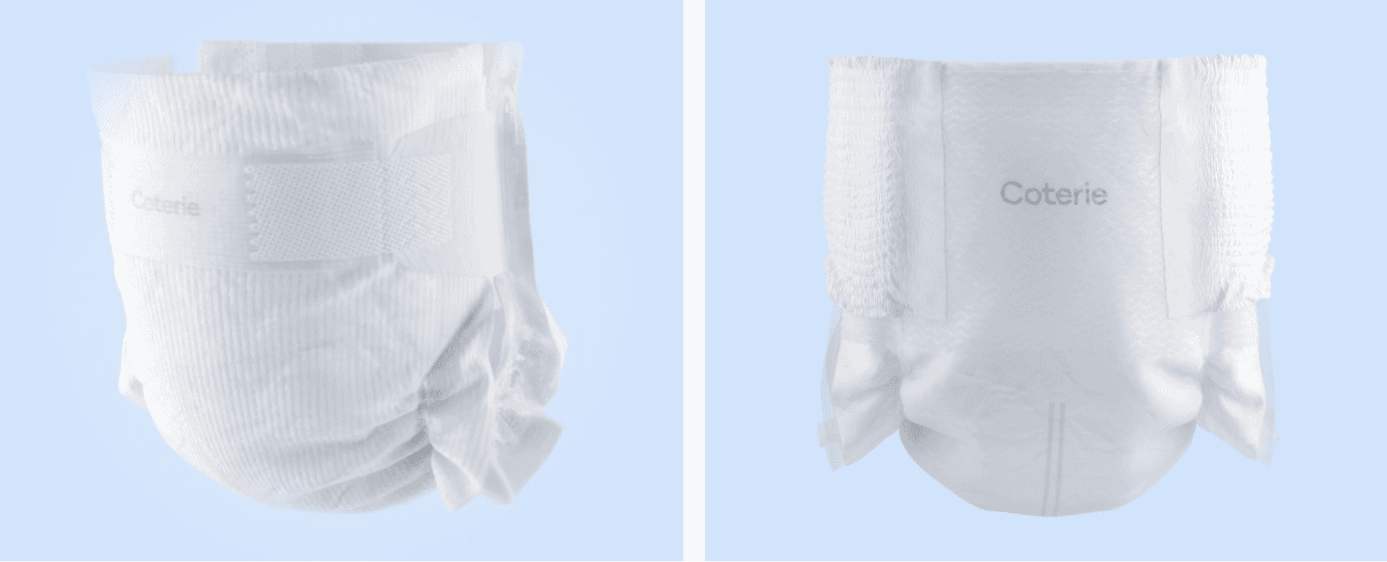 Close-up of Coterie baby diapers shown from front and back angles, highlighting soft texture, absorbent core, and comfort-fit design.