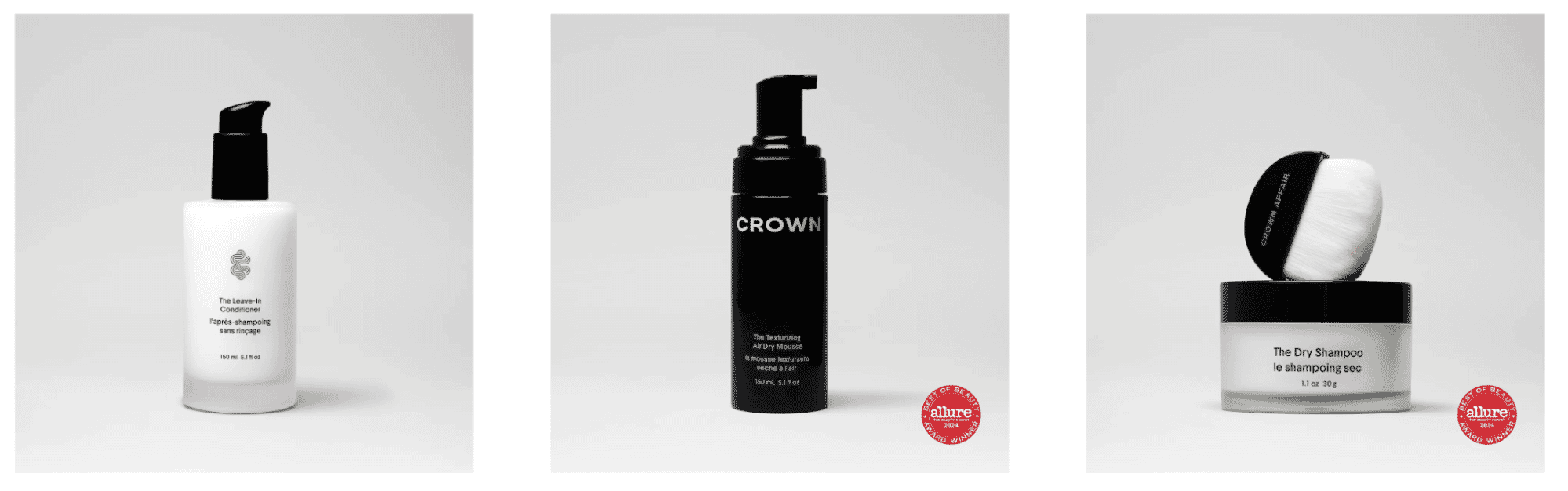 Crown Affair haircare trio featuring The Leave-In Conditioner, The Texturizing Air Dry Mousse, and The Dry Shampoo, displayed with minimalist packaging.