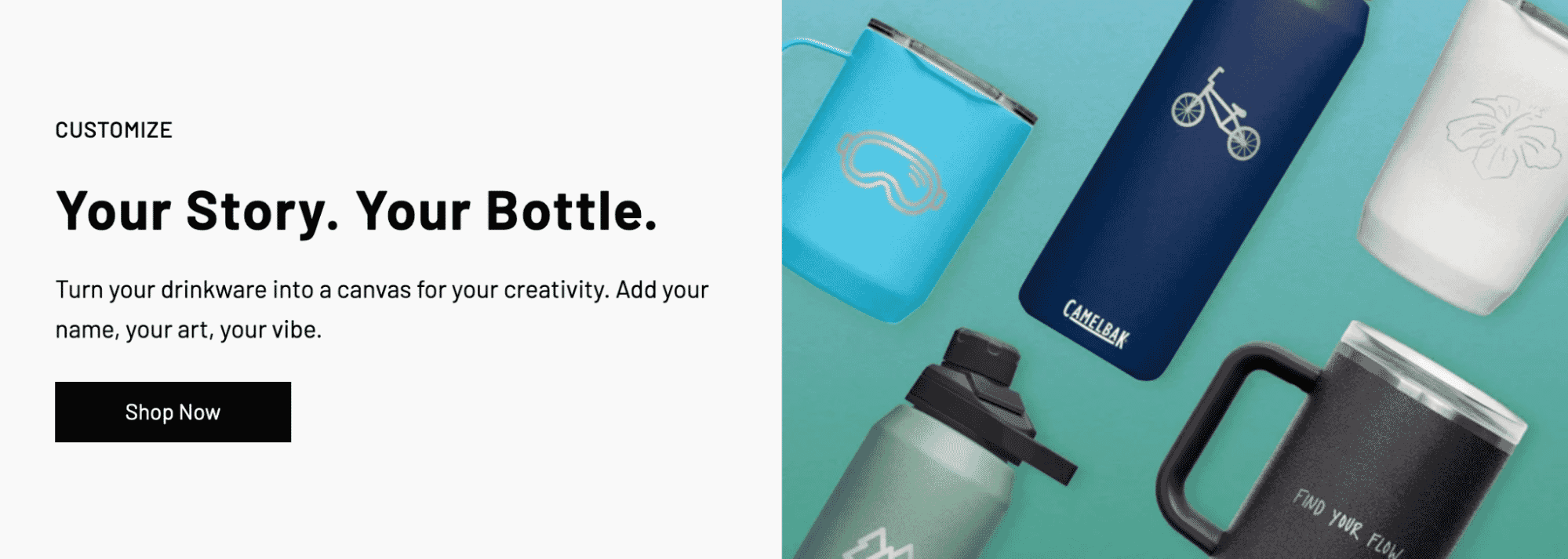 CamelBak customizable drinkware collection featuring bottles and mugs with engraved graphics and text options for personal designs.