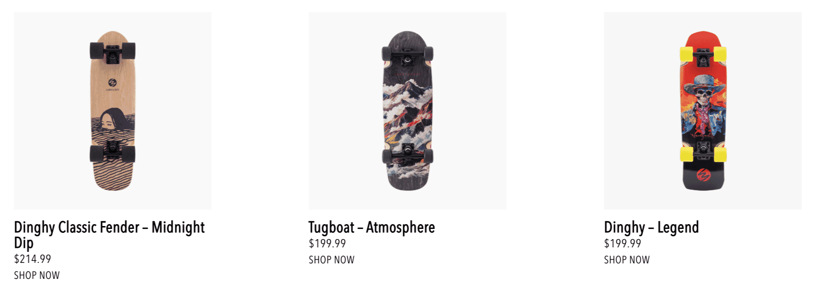 Artistic skateboard designs from Landyachtz including Dinghy Classic Midnight Dip, Tugboat Atmosphere, and Dinghy Legend with bold prints.