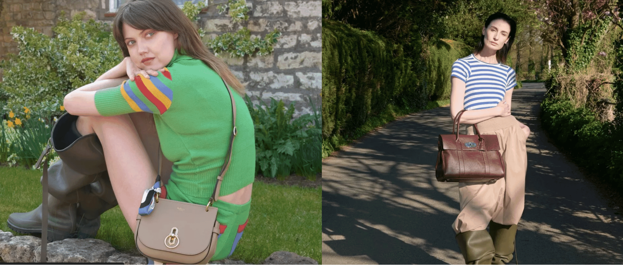 Fashion editorial featuring women outdoors wearing colorful knitwear and carrying designer handbags including a tan crossbody and burgundy leather tote.