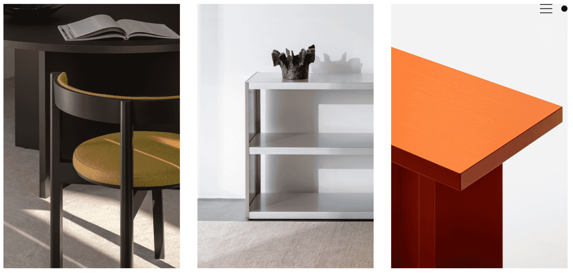 Contemporary furniture including a round black table with a yellow cushioned chair, a minimalist open shelf, and a bold orange wood desk.