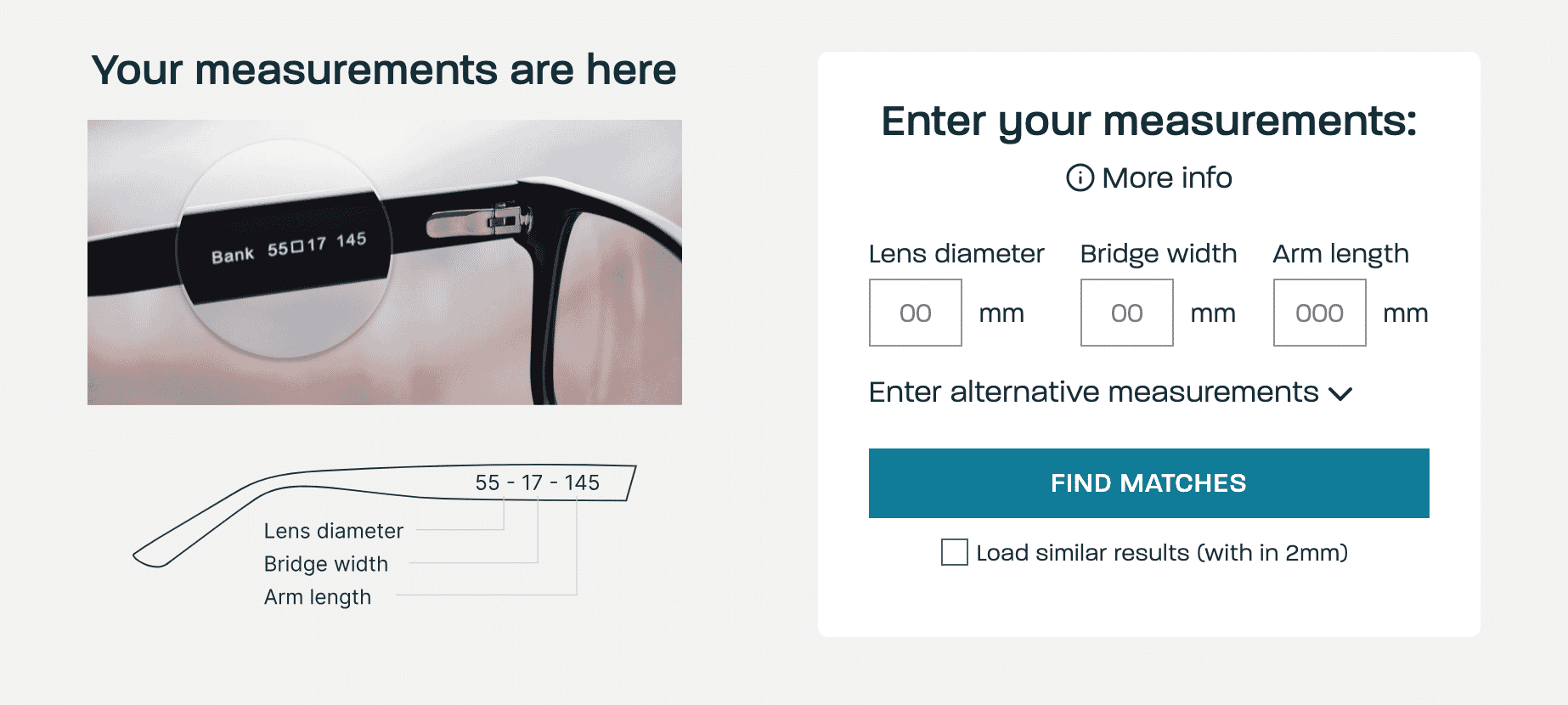Eyeglass size guide showing how to find frame measurements—lens diameter, bridge width, and arm length—on the inner temple of glasses.