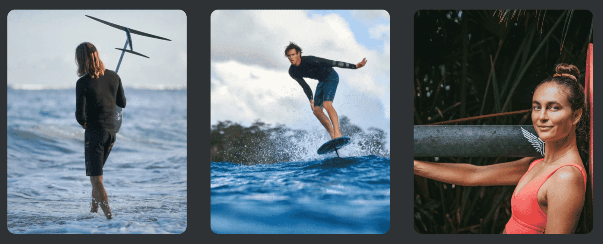 Lifestyle and action shots of people foil surfing in ocean waves, including riders in motion, beach scenes, and a woman carrying a hydrofoil board.