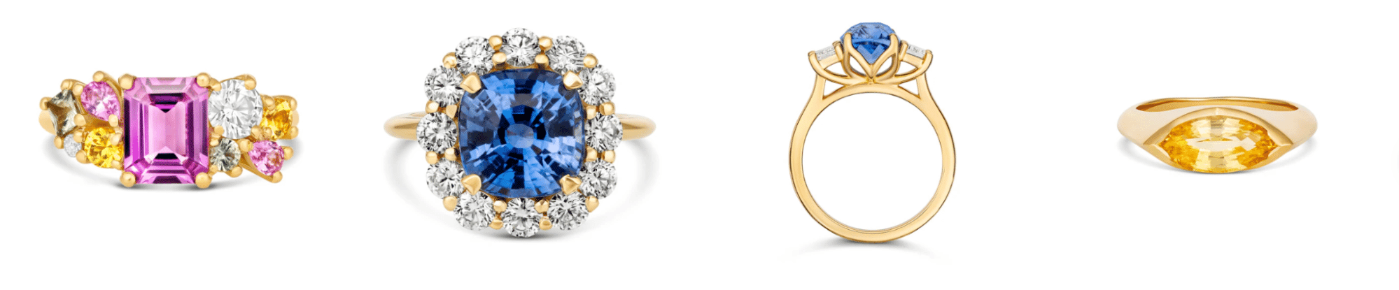 Assorted gemstone rings including pink, blue, and yellow stones with gold settings, featuring halo, solitaire, and multi-stone cluster designs.