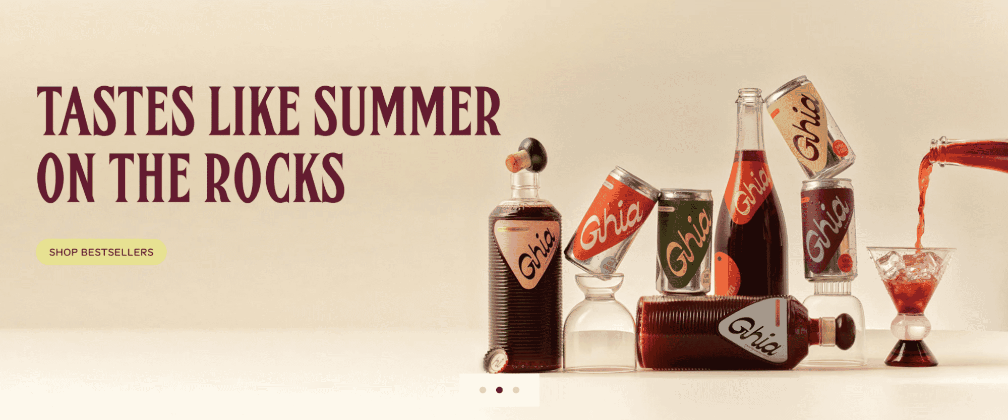 Ghia non-alcoholic aperitif and canned drinks styled creatively with the tagline 