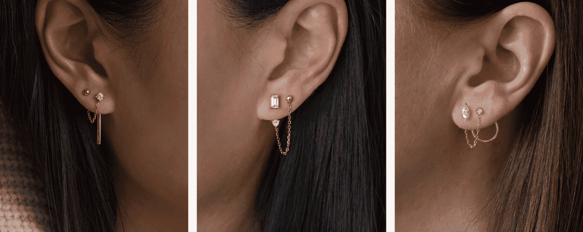 Close-up of pierced ears showcasing dainty gold chain earrings and studs with diamonds and baguette-cut stones, styled in minimalist fashion.