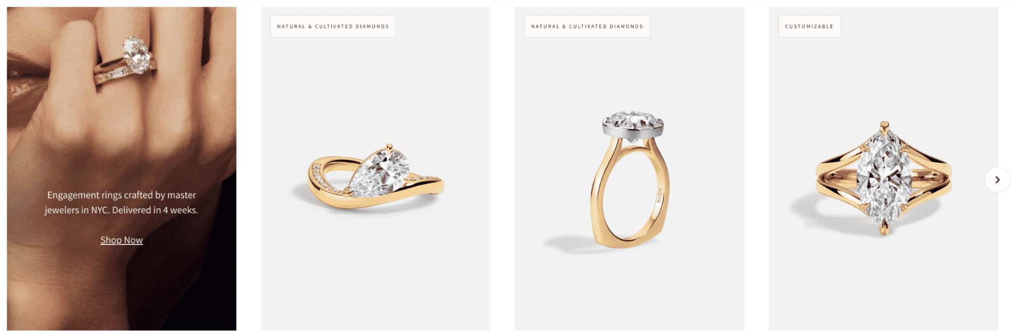 Elegant gold engagement rings with natural and lab-grown diamonds, including solitaire, pear-cut, and marquise settings, styled and close-up on hand.