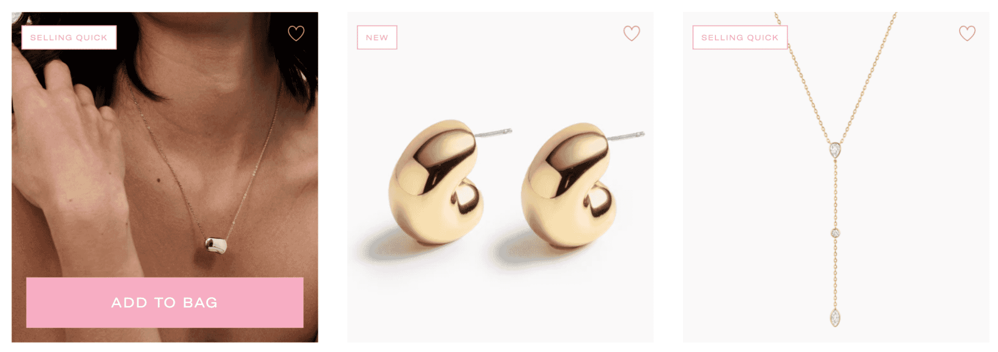 Delicate and modern gold jewelry featuring a smooth pendant necklace, sculptural earrings, and a minimalist drop necklace with gemstone accents.