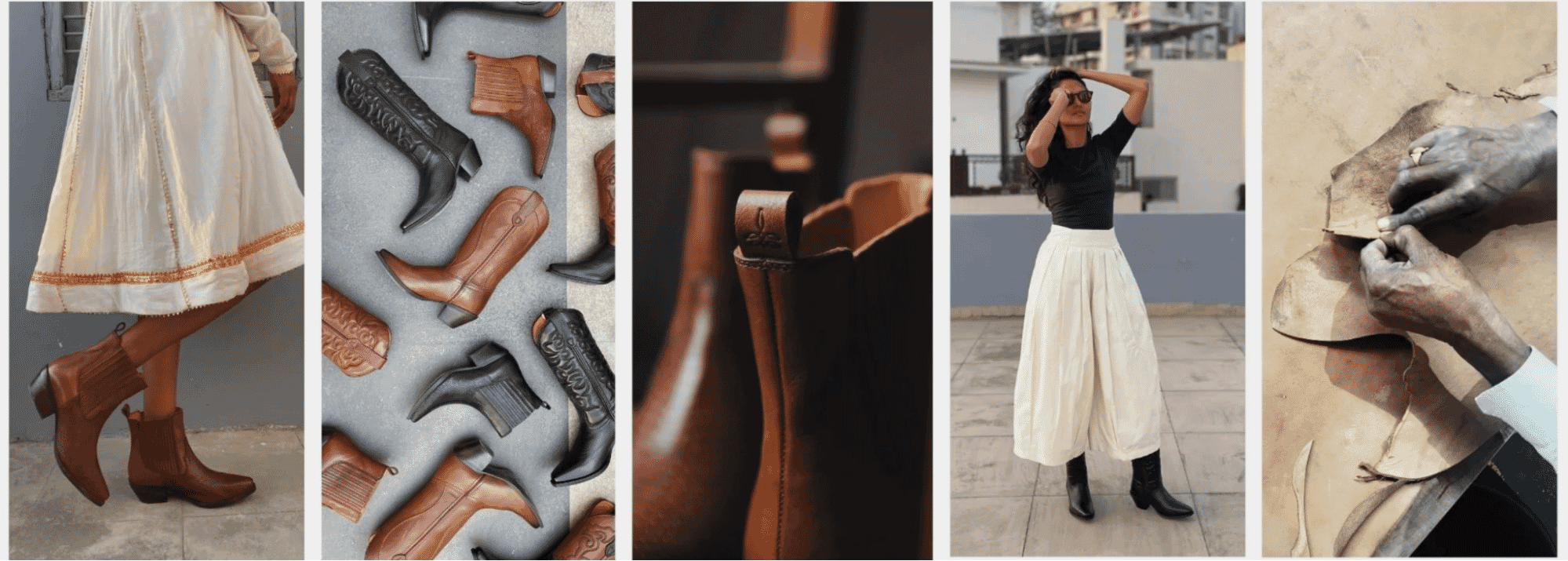 Artisan leather footwear collection including brown and black boots, close-ups of stitching details, and traditional craftsmanship process.