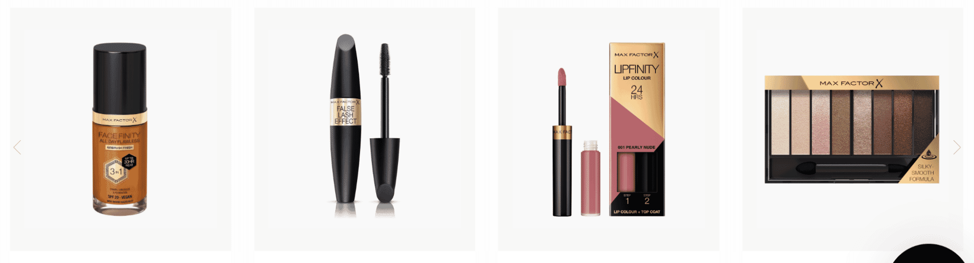 Max Factor makeup lineup including Facefinity foundation, False Lash Effect mascara, Lipfinity 24HR lip color, and neutral eyeshadow palette.