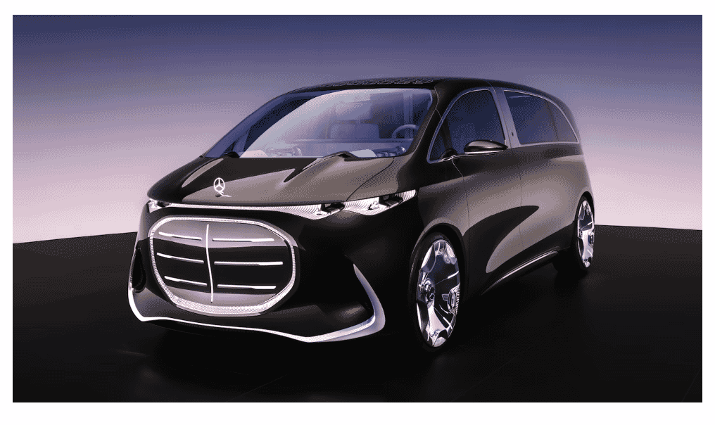 Mercedes-Benz electric concept van with futuristic LED grille and sleek aerodynamic design, showcased under studio lighting.