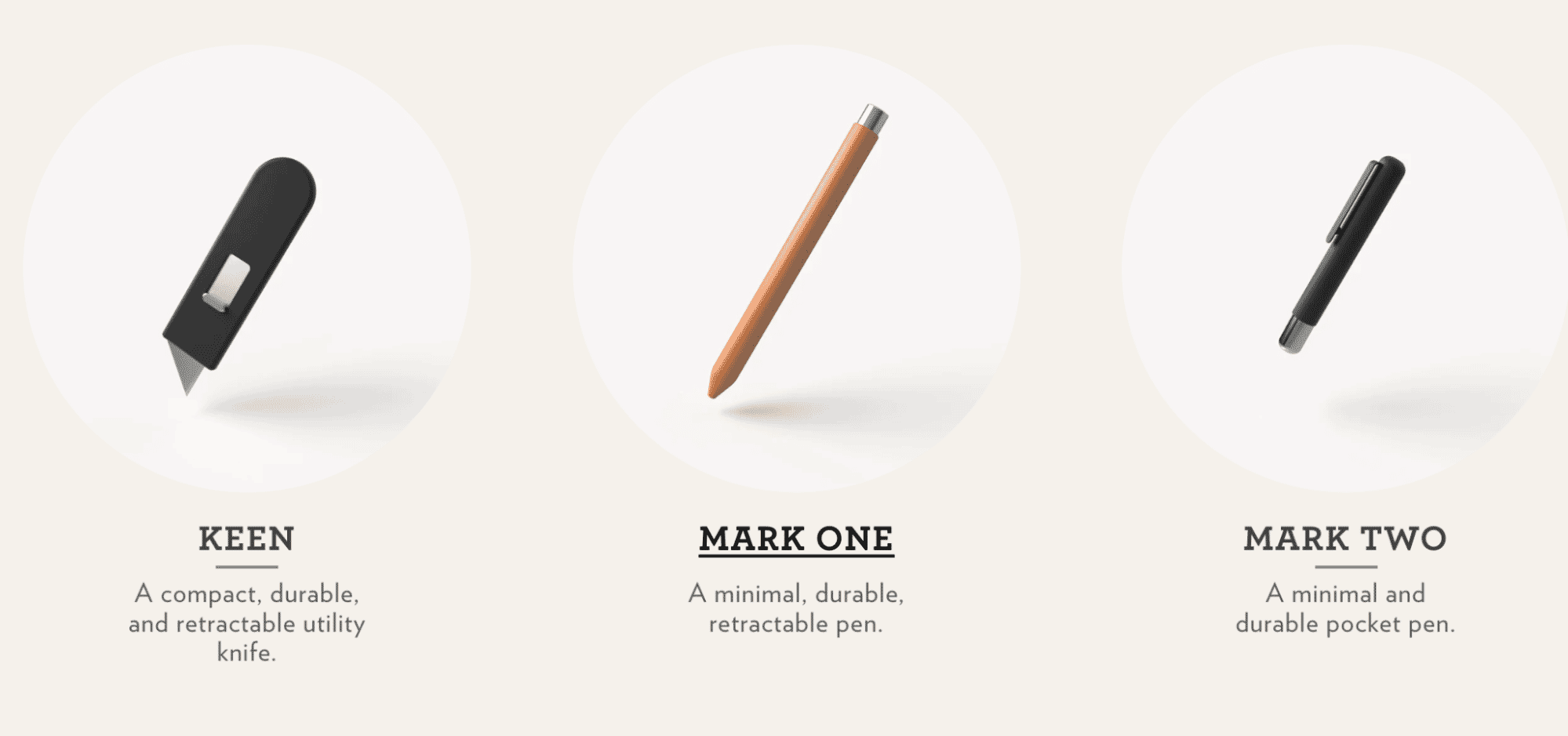 Minimalist tool collection featuring the Keen utility knife, Mark One retractable pen, and Mark Two pocket pen in a clean floating product layout.