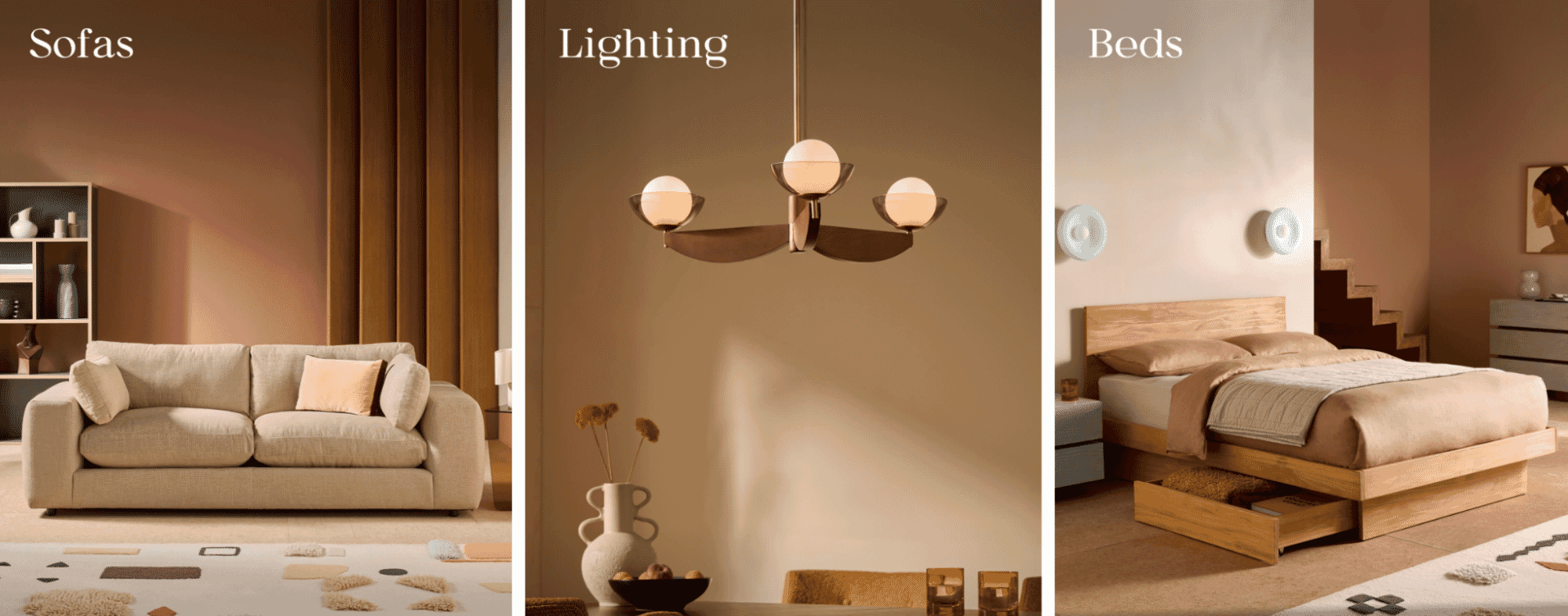 Modern home furniture collection showing a beige sofa, sculptural pendant lighting, and a wooden bed with storage drawers in styled interiors.