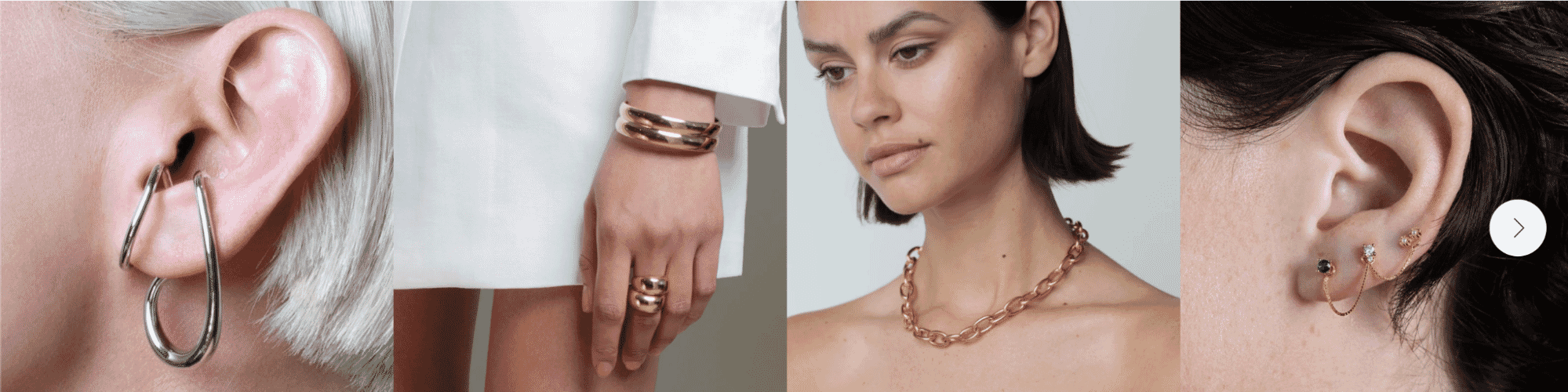 Close-up shots of contemporary gold and silver jewelry including hoop earrings, chunky rings, a statement chain necklace, and multi-stone ear cuffs.