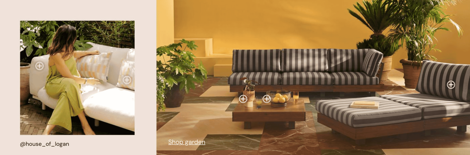 Outdoor garden lounge setup with striped upholstered sectional sofas, wood coffee table, and potted tropical plants, shown in a sunny patio space.