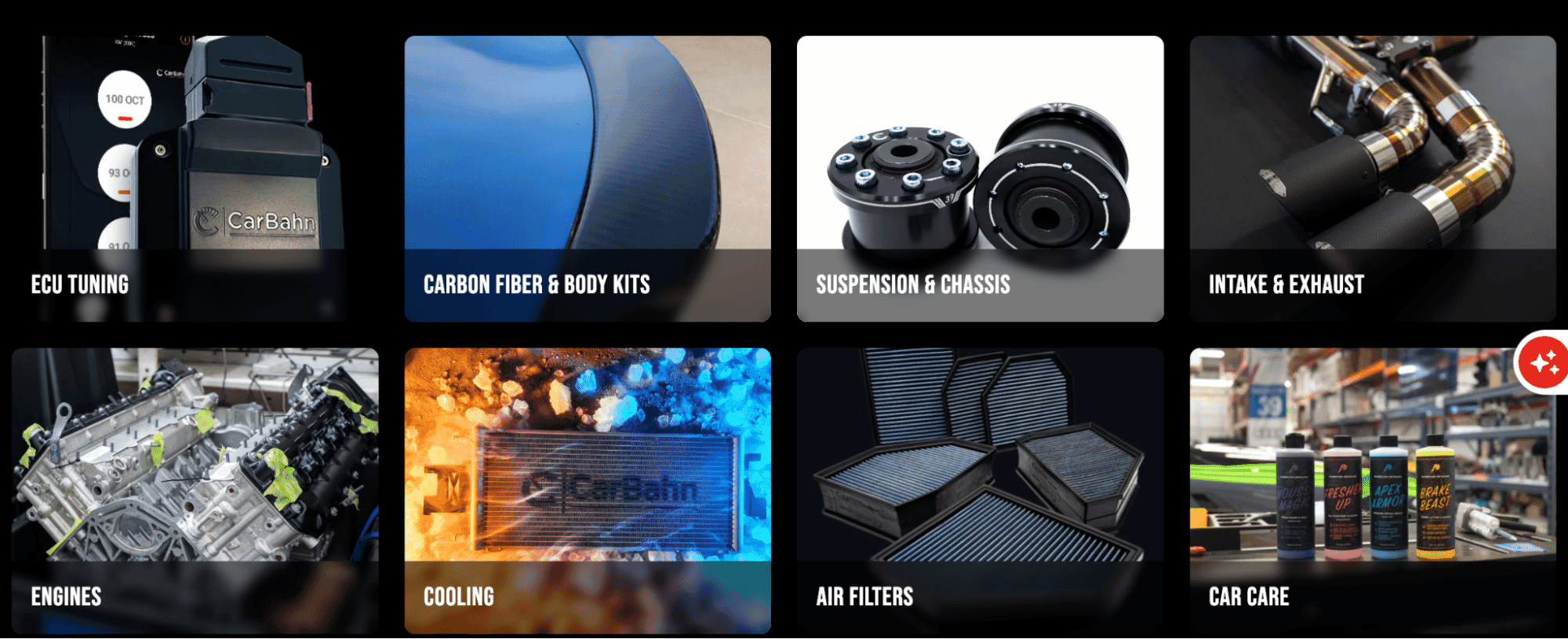 Grid of high-performance car parts including ECU tuning, carbon fiber kits, suspension components, intake systems, engines, air filters, and car care products displayed in a workshop setting.