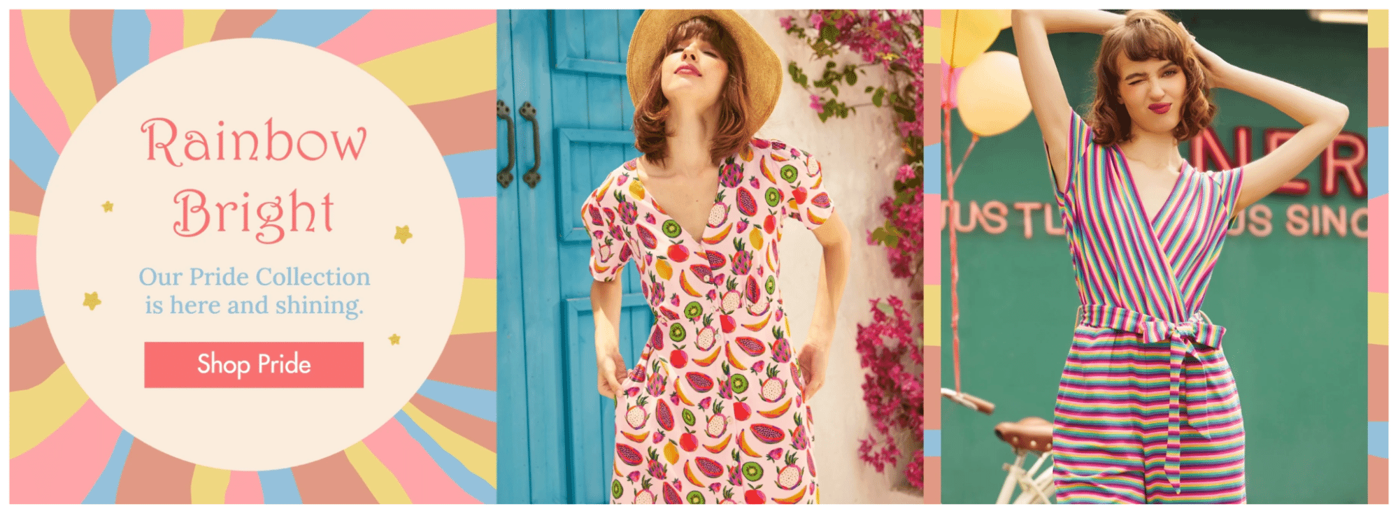 Rainbow Bright Pride Collection featuring colorful striped and fruit-print outfits modeled outdoors with bold colors and festive styling.