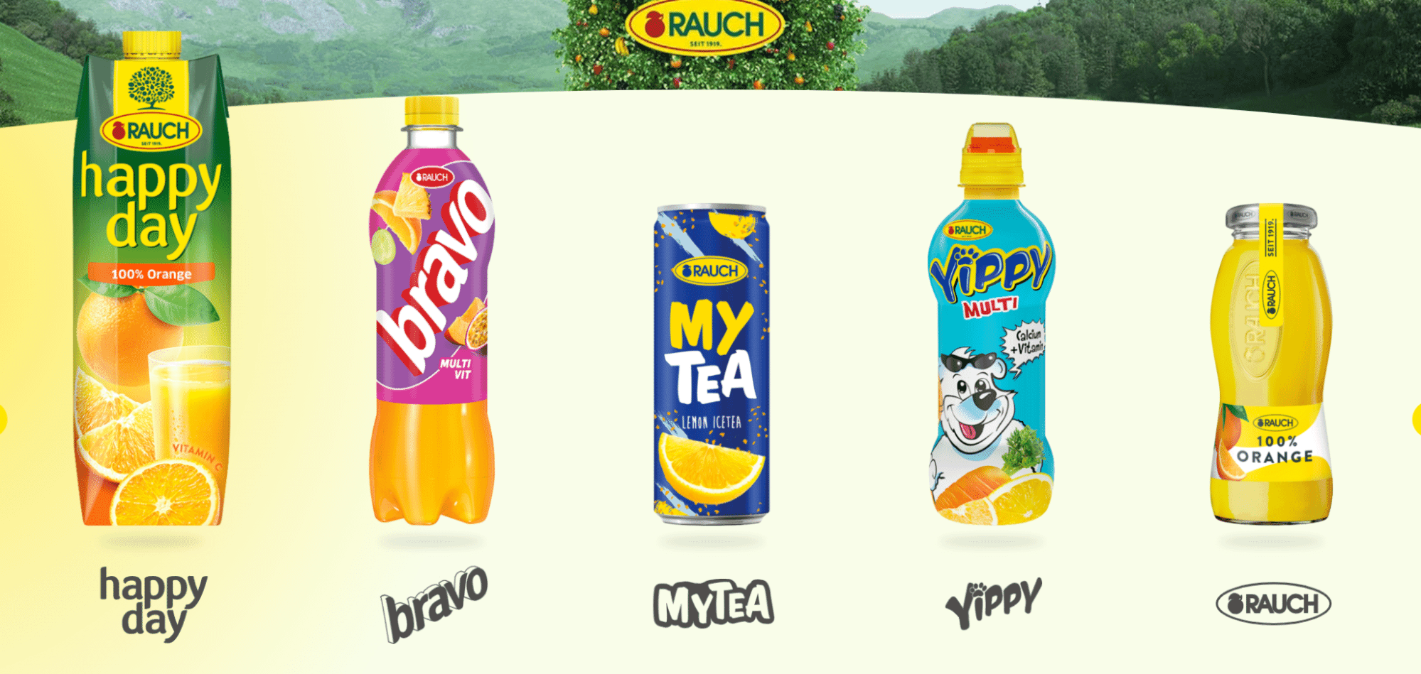 ariety of RAUCH branded beverages including Happy Day orange juice, Bravo multivitamin, MyTea lemon iced tea, Yippy kids drink, and 100% Orange glass bottle on a light background.