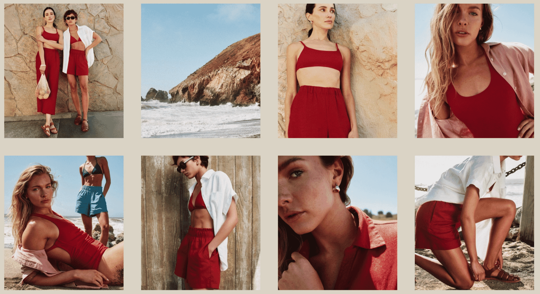 Women modeling coordinated red summer outfits and swimwear in a beachside fashion photoshoot, showcasing relaxed resortwear and seasonal style.