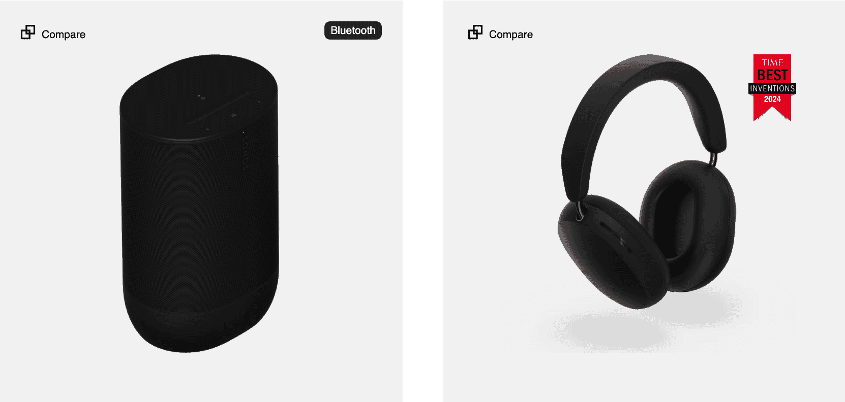 Matte black Sonos Bluetooth portable speaker and over-ear wireless headphones, with modern design and Time Best Inventions 2024 badge.