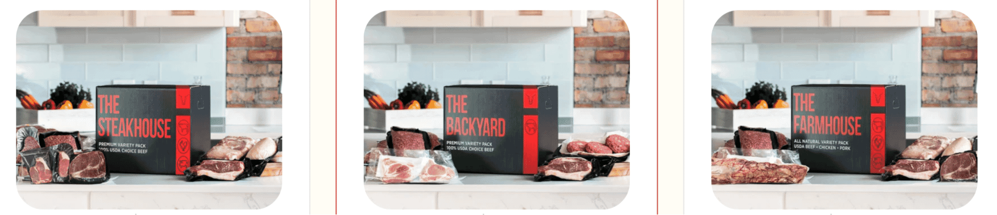 Premium meat box selections labeled The Steakhouse, The Backyard, and The Farmhouse, featuring vacuum-sealed cuts of USDA choice beef, pork, and chicken.