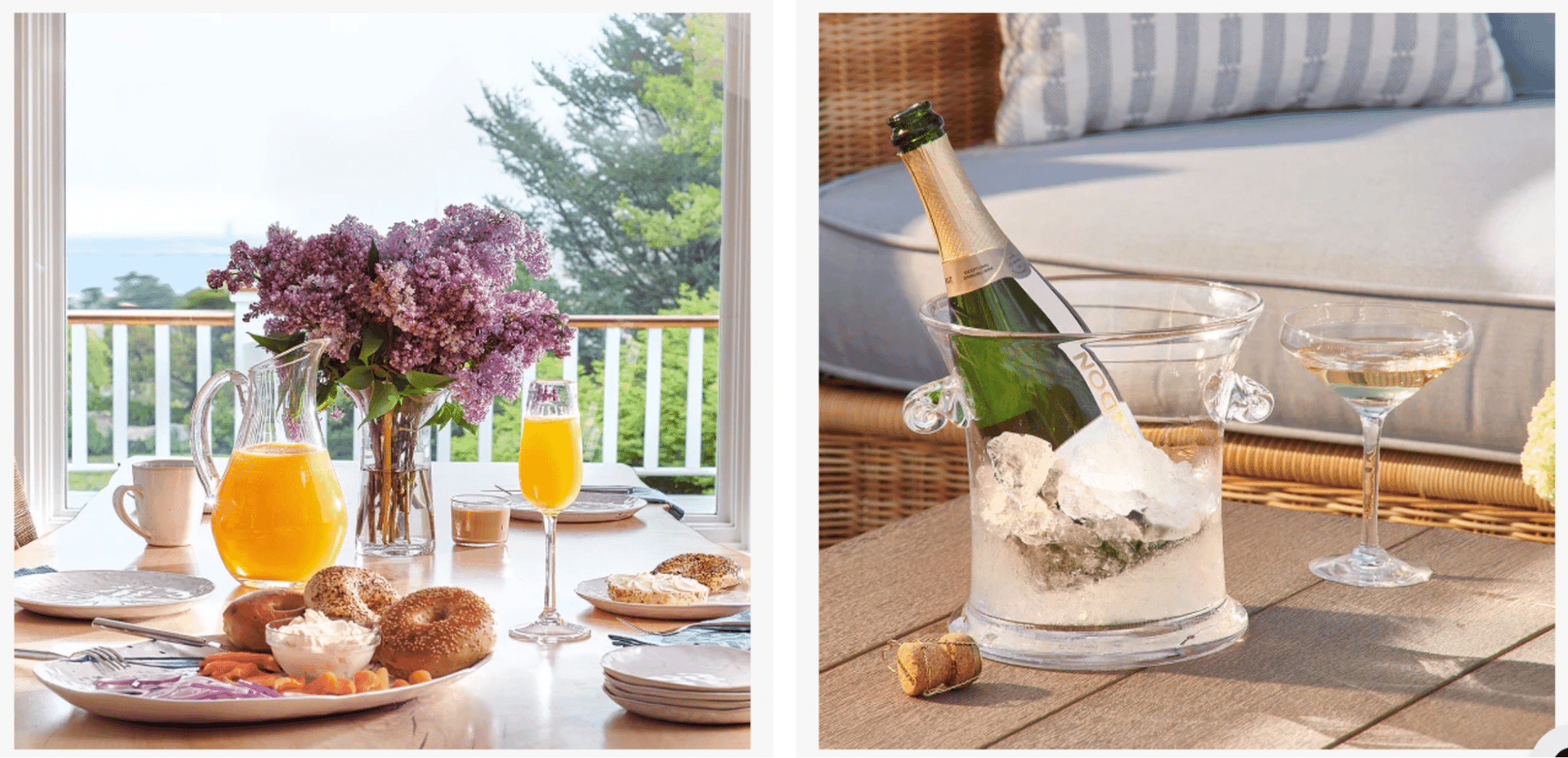 Summer lifestyle scenes with a brunch table set with bagels and juice near a window, and a champagne bottle chilling on an outdoor deck.