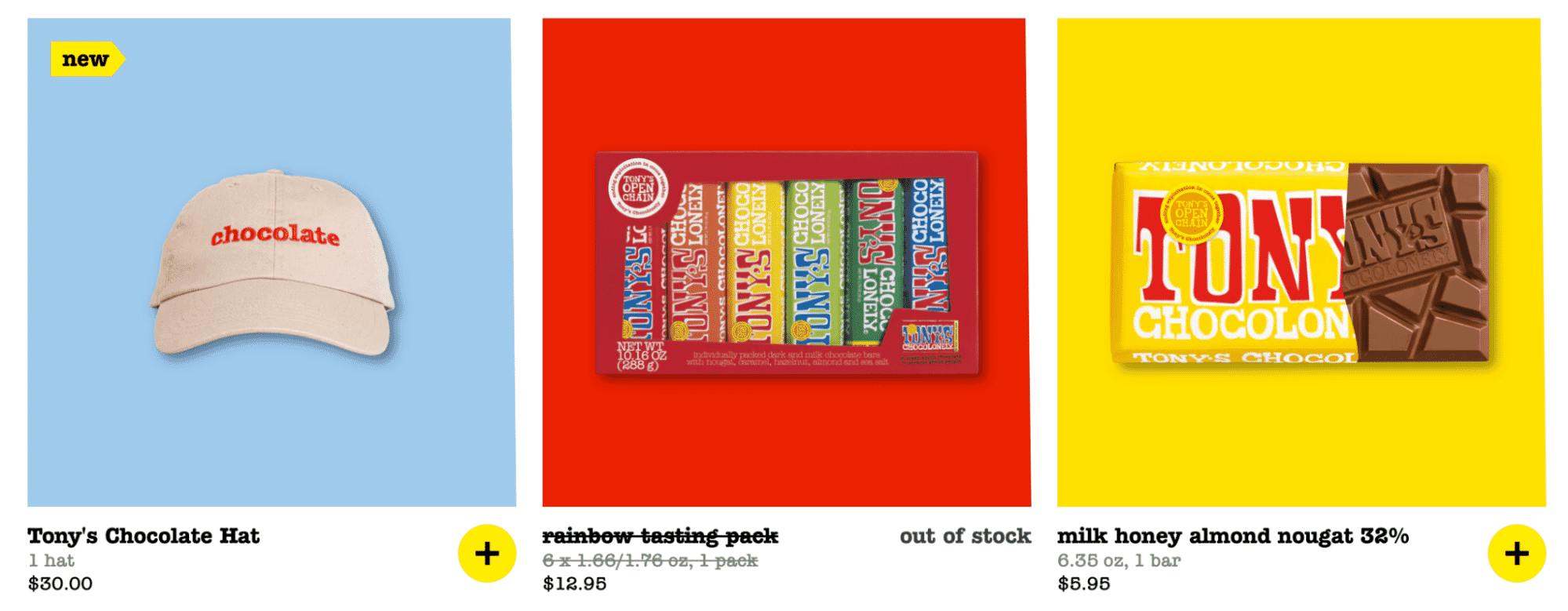 Tony’s Chocolonely product display with a cream embroidered chocolate hat, colorful chocolate bar gift pack, and milk honey almond nougat bar on vibrant color backgrounds.