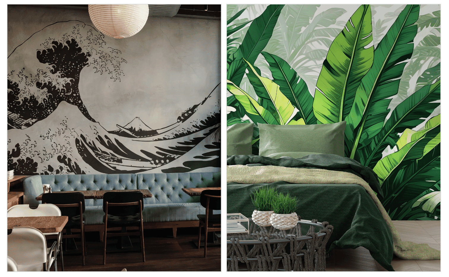 Bold wall murals including a Japanese wave illustration in a café and a leafy tropical wallpaper behind a green-themed bedroom setup.
