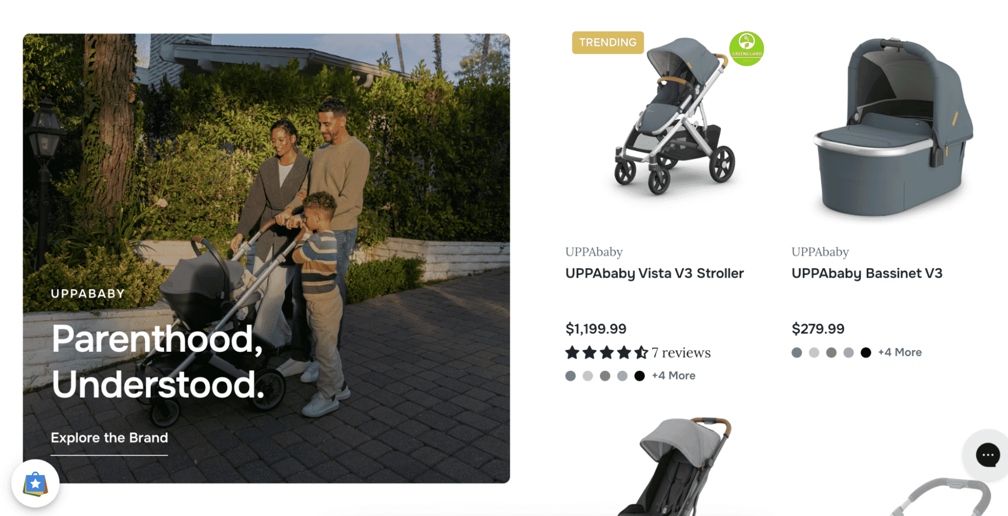 UPPAbaby family product lineup featuring parents walking with the Vista V3 stroller and close-up images of the V3 bassinet and stroller in various colors.