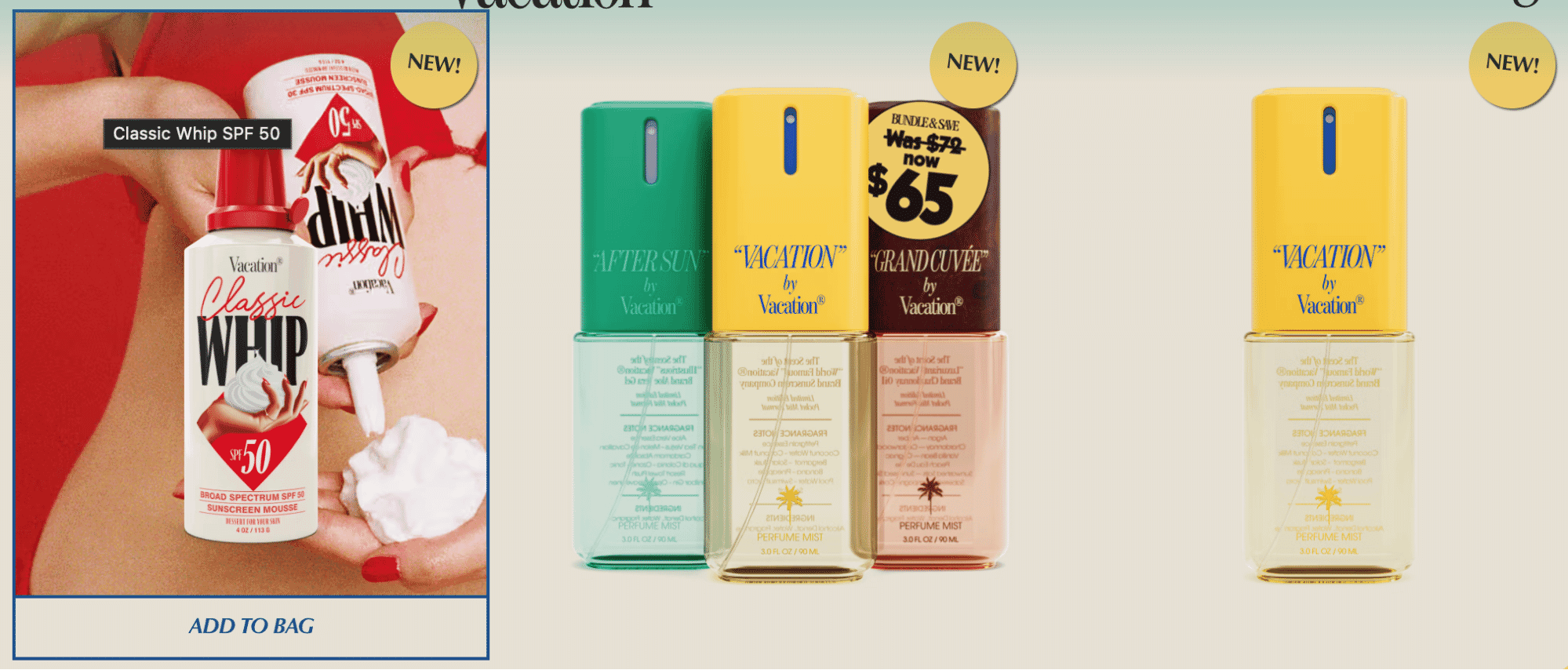 Vacation skincare and fragrance products, featuring Classic Whip SPF 50 sunscreen mousse and tropical-themed perfume mist bottles labeled “Vacation” and “After Sun.”