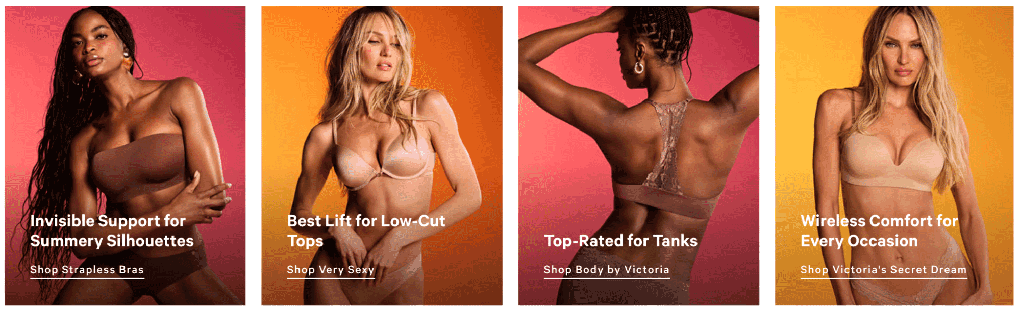 Victoria’s Secret lingerie campaign featuring models in different bra styles for strapless, low-cut, racerback, and wireless support needs.