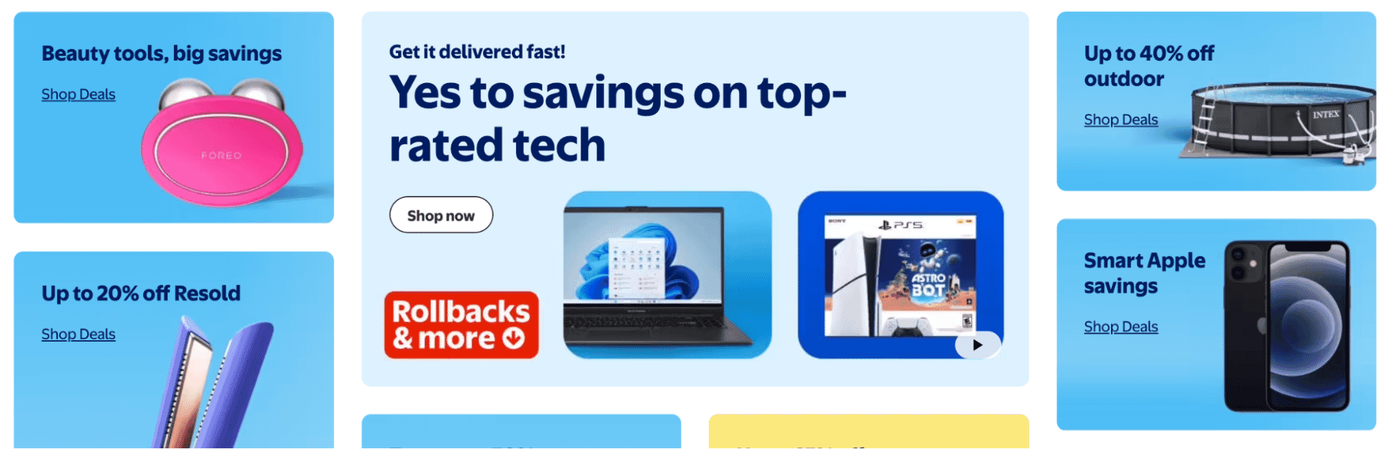 Walmart homepage promotions highlighting tech and summer savings, including laptops, PS5, pools, and beauty tools against bright blue backgrounds.
