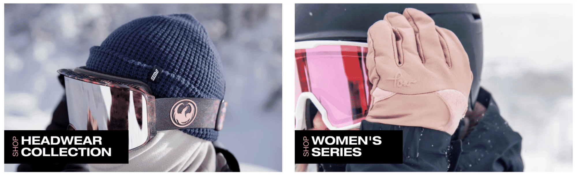 Winter sports gear including knit headwear with snow goggles and insulated women's gloves, worn by skiers in a snowy outdoor setting.