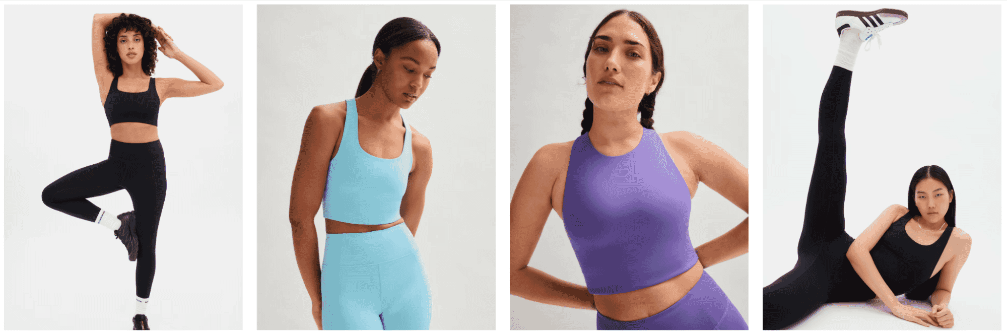 Women modeling colorful and fitted activewear sets including sports bras and leggings in black, sky blue, and purple for movement and style.