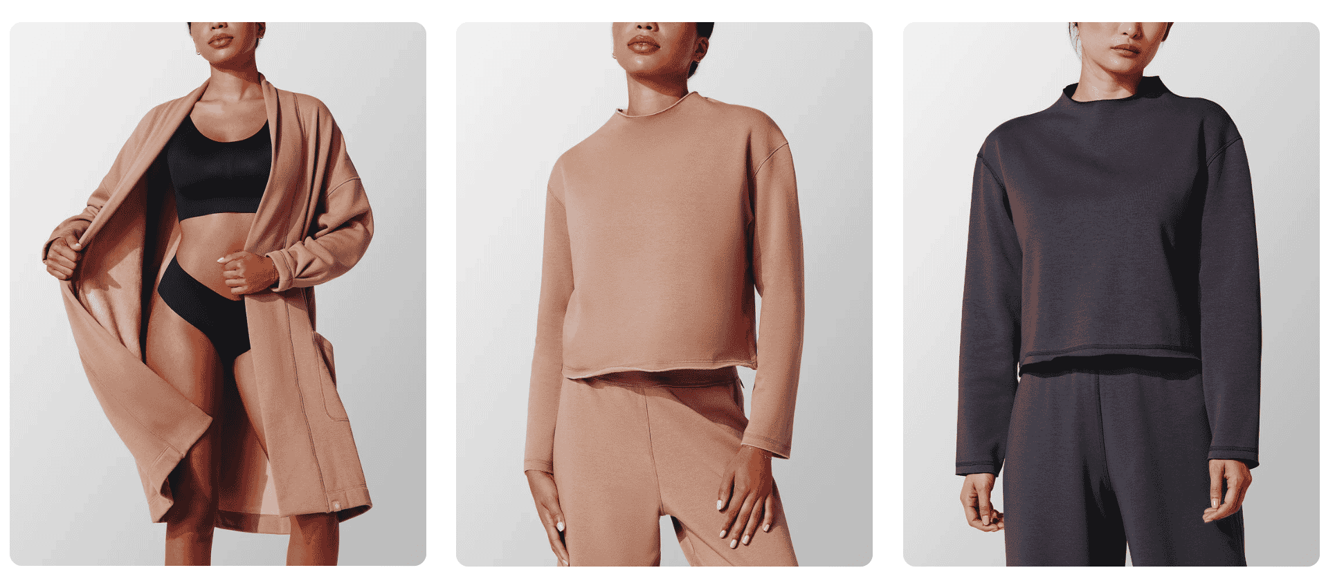 Women modeling soft neutral-toned loungewear including a robe, cropped sweatshirt, and relaxed pants, with seamless black undergarments.