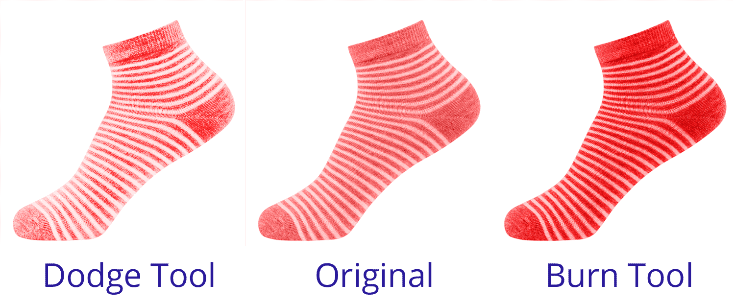 Comparison of a striped sock edited with Photoshop Dodge, Original, and Burn tools, showing changes in brightness and contrast.