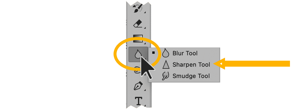 Photoshop toolbar showing the Blur Tool dropdown menu with options for Blur, Sharpen, and Smudge tools, highlighted with an arrow.