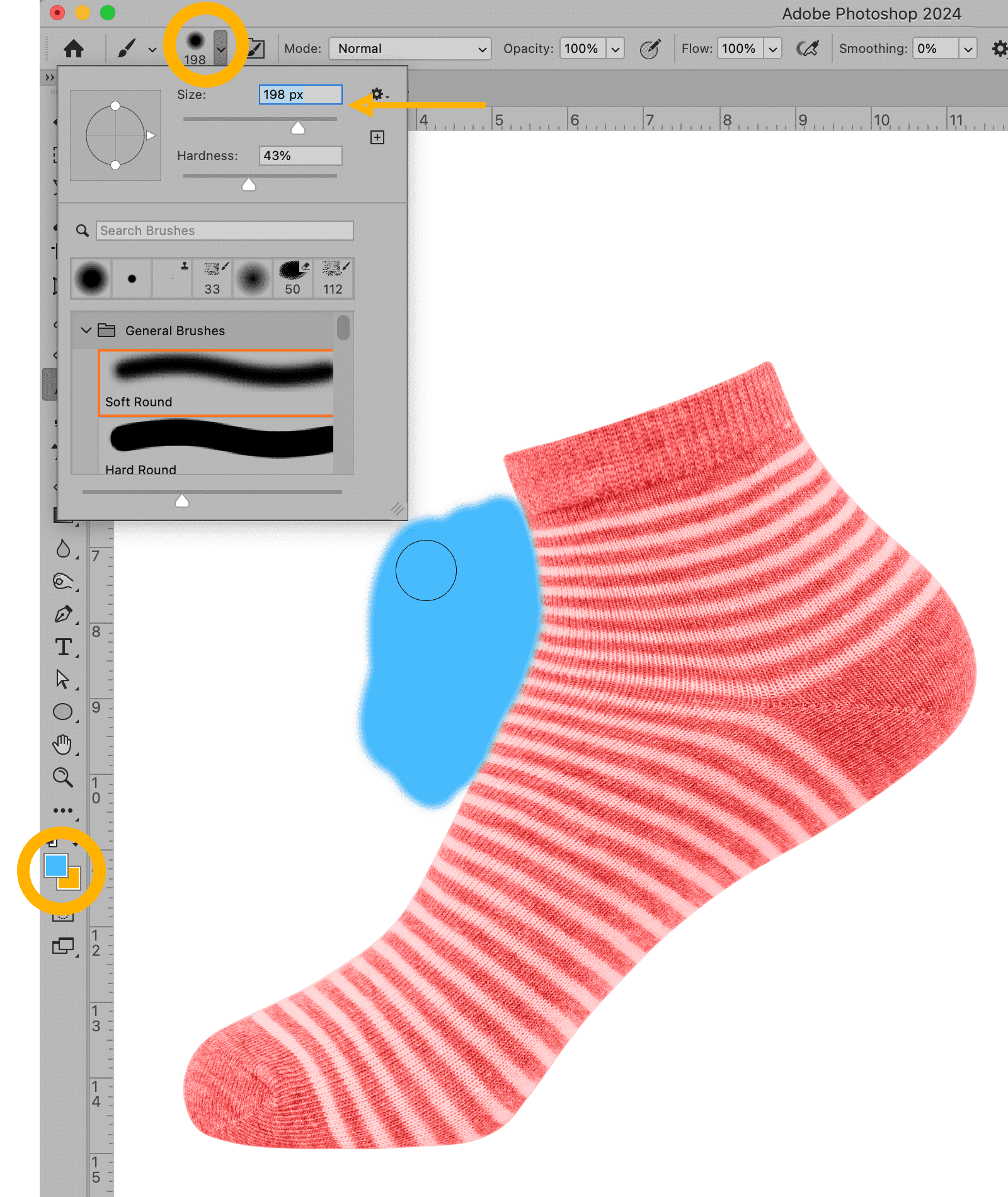 Photoshop interface showing Brush Tool with adjustable size and hardness settings applied to a blue stroke near a red-striped sock image.