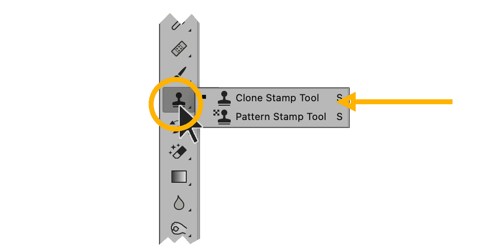 Clone Stamp and Pattern Stamp tool options highlighted in Photoshop toolbar with shortcut key 'S' displayed.