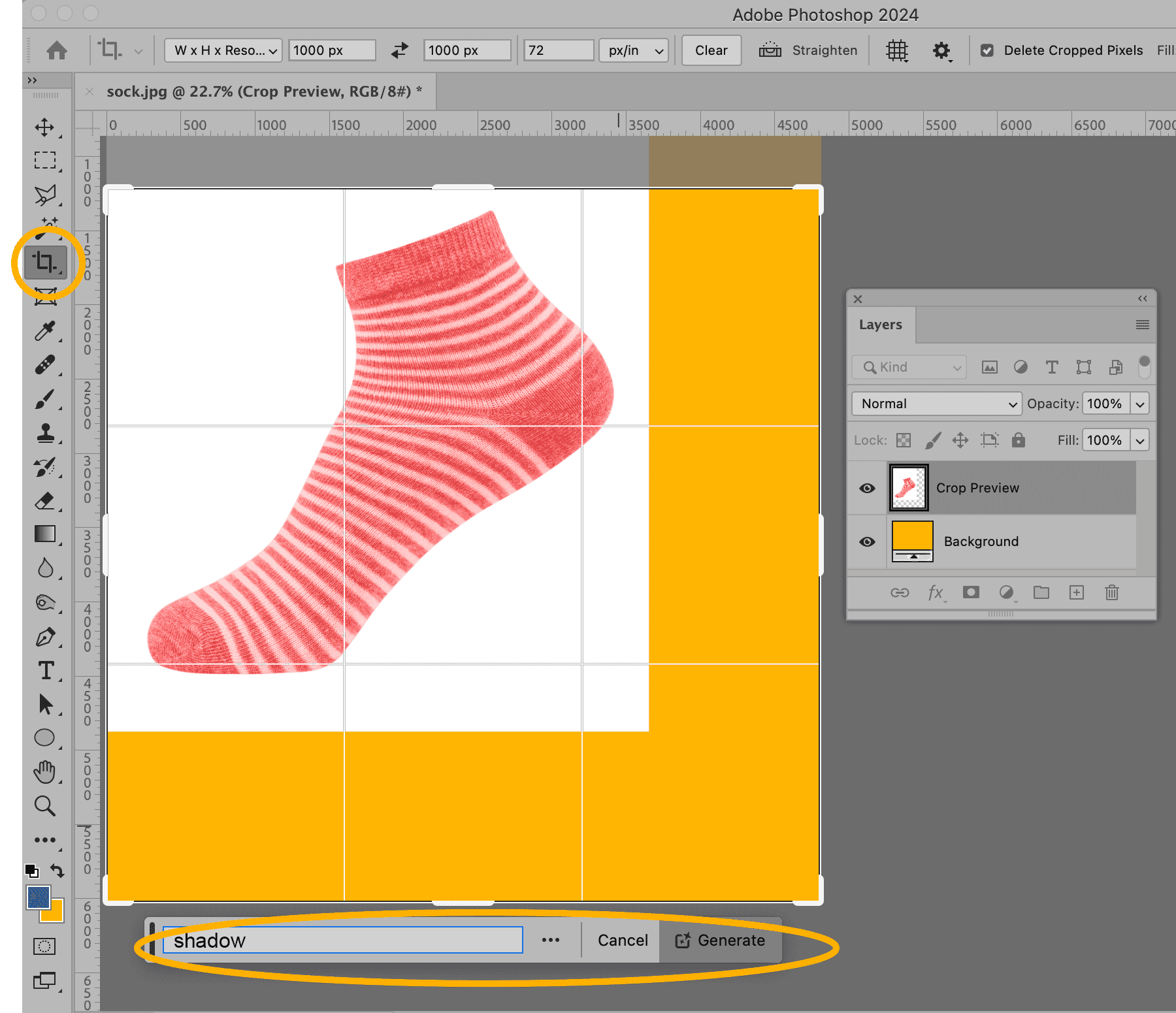 Photoshop interface showing the Crop Tool applied to a striped sock image with yellow background. Generative Fill bar with "shadow" prompt is highlighted.