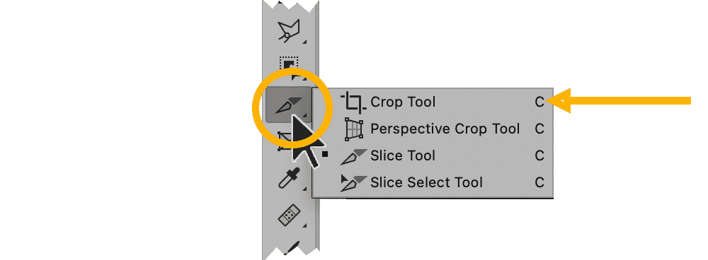 Photoshop toolbar showing the Crop Tool with additional options for Perspective Crop, Slice, and Slice Select tools.