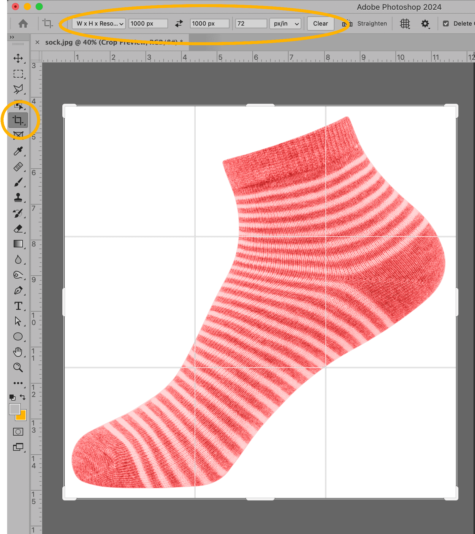 Photoshop interface showing the Crop Tool applied to a striped sock image, with W x H Resolution settings bar highlighted.