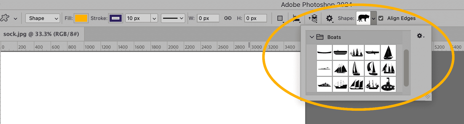 Adobe Photoshop options bar showing the Shape Tool with a dropdown menu of custom boat shapes in the selection panel