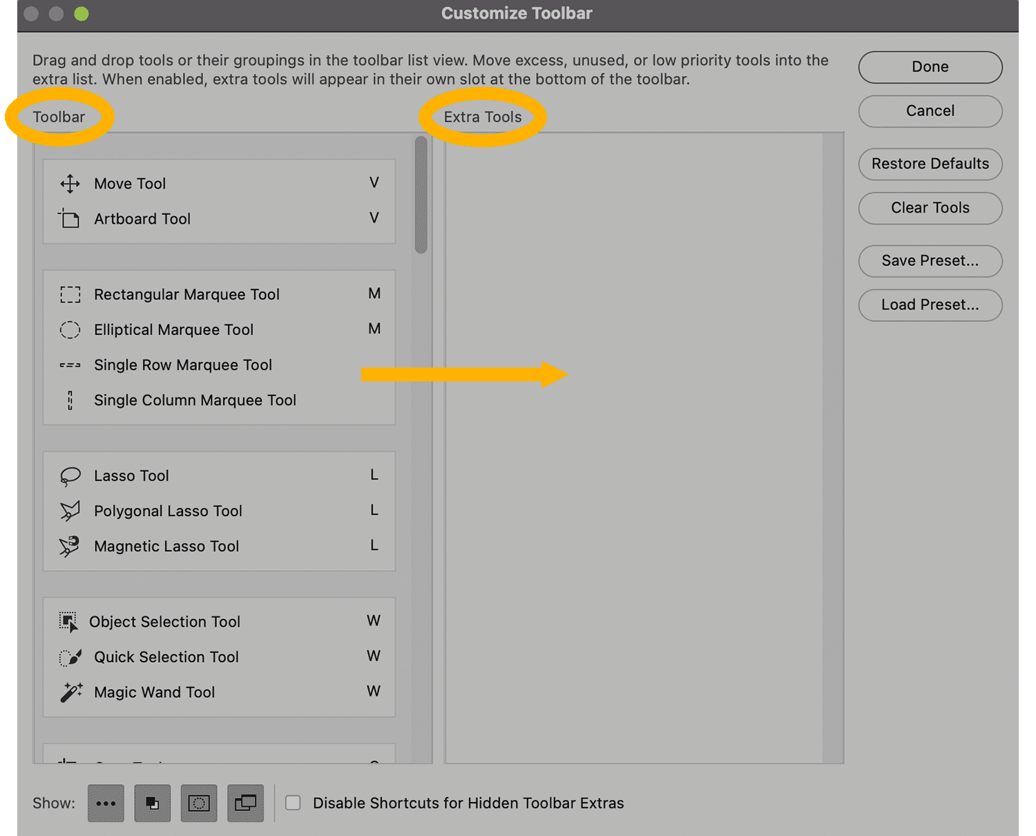 Photoshop 'Customize Toolbar' interface highlighting Toolbar and Extra Tools sections for organizing tools.