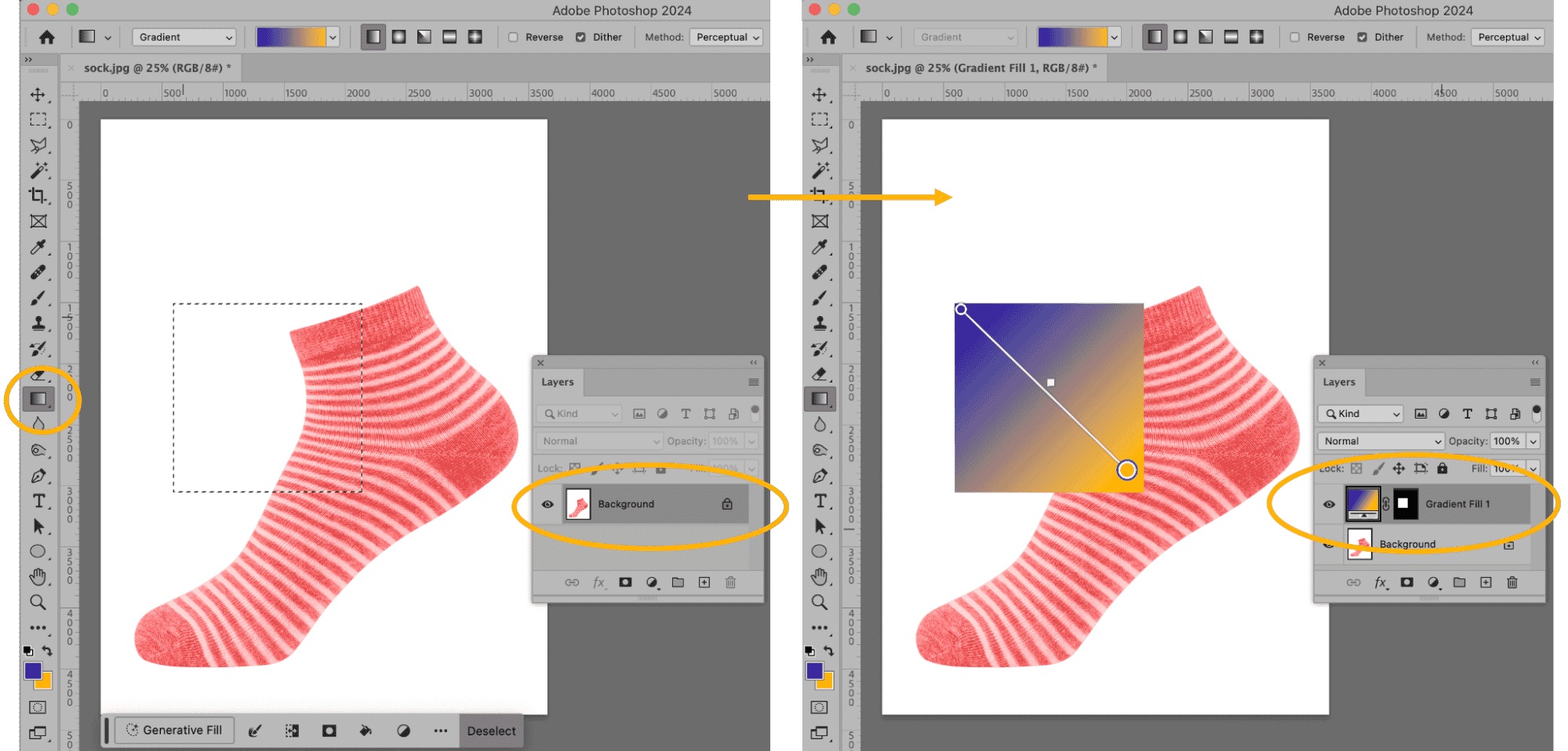 Photoshop window displaying the Gradient Tool in action on a selected background area with a striped sock image, illustrating a gradient overlay on the left and the gradient settings on the right.